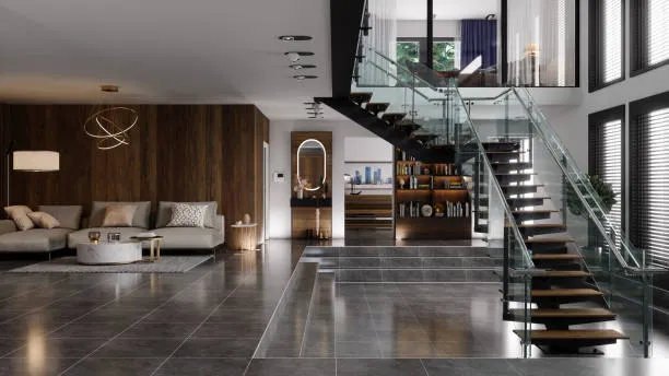 luxury-modern-house-interior-with-corner-sofa-bookshelf-and-staircase